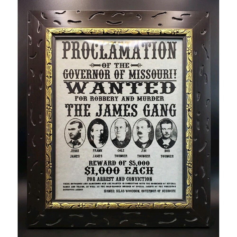 Framed Picture/Print WANTED FOR ROBBERY & MURDER THE JAMES GANG REWARD $5,000!!!